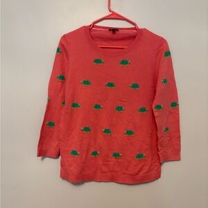 Talbots Coral Sweater with Green Turtle Pattern